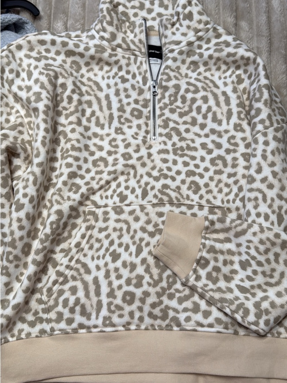 Beige Leopard Print Quarter-Zip Pullover small oversized
